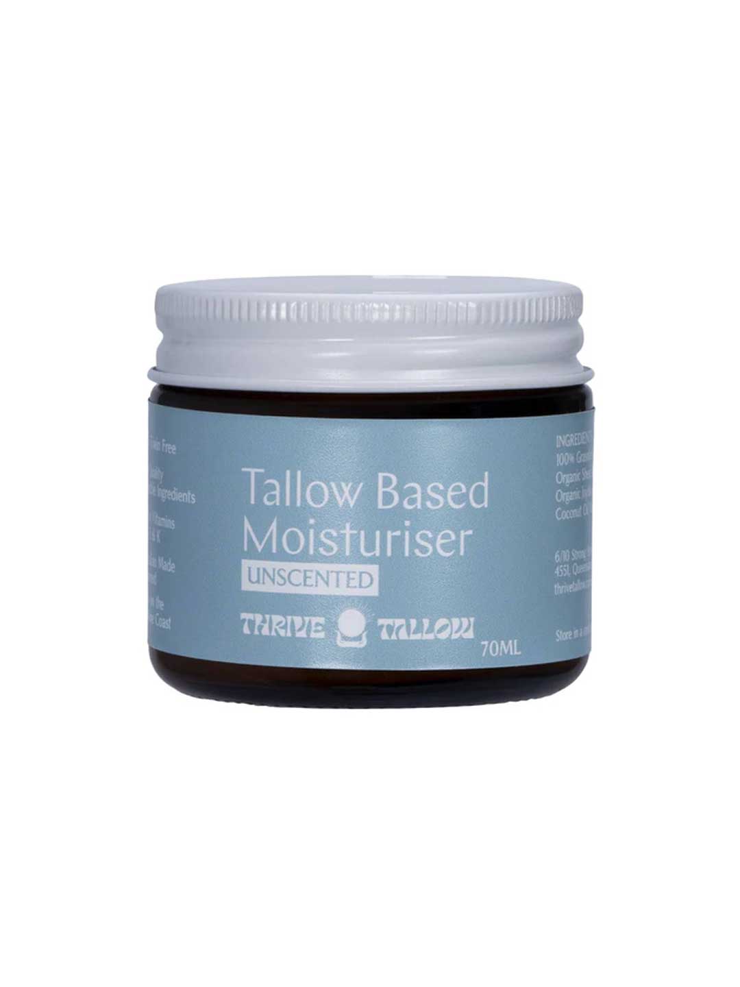 A 70ml jar of Thrive Tallow Based Moisturiser Unscented, ideal for sensitive skin, comes with a light blue label and white lid.