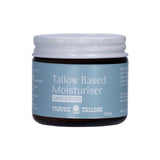 A 70ml jar of Thrive Tallow Based Moisturiser Unscented, ideal for sensitive skin, comes with a light blue label and white lid.