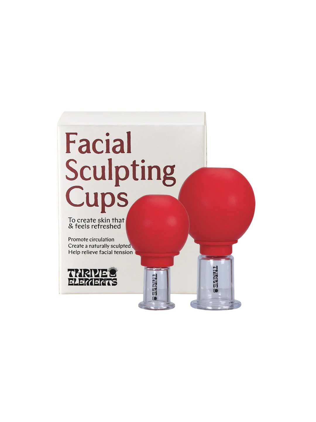 Two red Thrive Tallow Facial Sculpting Cups (2pcs) with clear bases sit in front of a box, highlighting benefits like improved circulation, better lymphatic flow, and reduced facial tension.