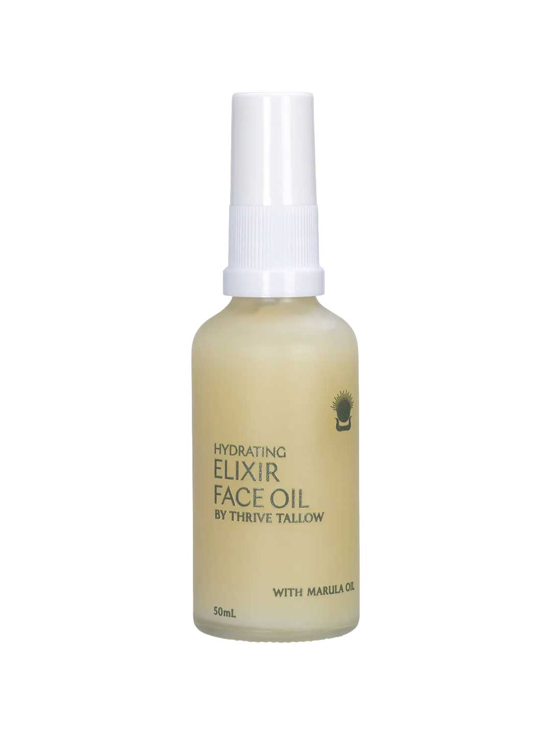 Thrive Tallow Hydrating Elixir Face Oil 50ml has a white spray cap, a light yellow label, and is a nourishing face oil enriched with marula oil.