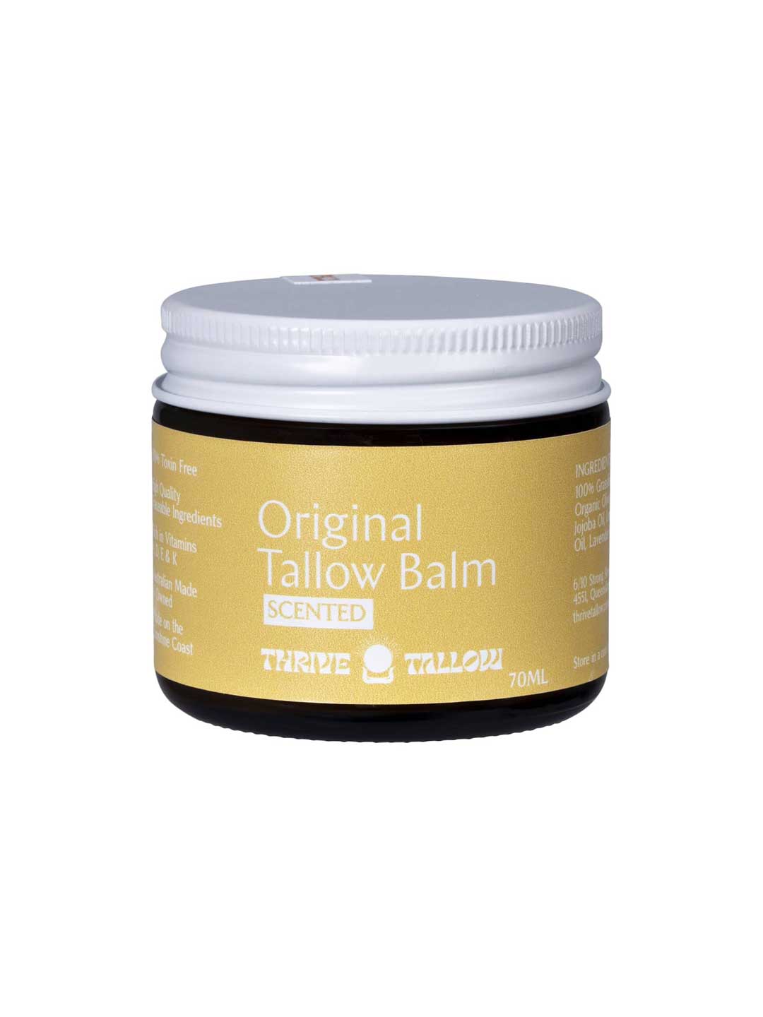 Thrive Tallow Original Tallow Balm Scented 70ml is a small, grass-fed tallow balm with a yellow label and white lid. It provides deep hydration and natural skin care in a convenient 70ml size.