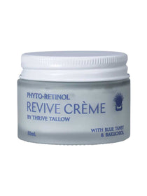 Thrive Tallow Phyto-Retinol Revive Creme in a pale blue frosted jar with a ribbed white lid and blue lettering, including With Blue Tansy & Bakuchiol.