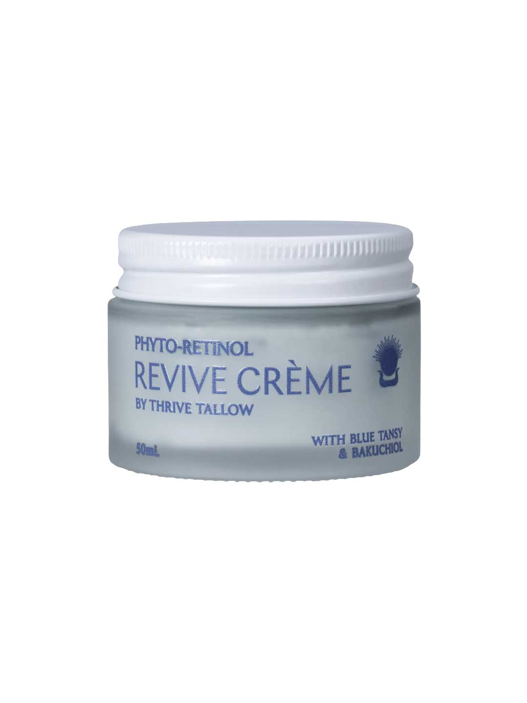 A 50ml glass jar of Thrive Tallow Phyto-Retinol Revive Creme with a white screw-on lid. The white label features blue text listing blue tansy and bakuchiol as ingredients. This anti-aging night cream is designed for nightly use.