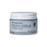 A 50ml glass jar of Thrive Tallow Phyto-Retinol Revive Creme with a white screw-on lid. The white label features blue text listing blue tansy and bakuchiol as ingredients. This anti-aging night cream is designed for nightly use.