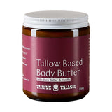 A 270ml brown jar of Thrive Tallow Tallow Based Body Butter features a white lid, maroon label with white text, and contains grass-fed tallow, shea butter, and vanilla for a natural moisturizing blend.