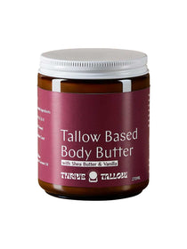 A 270ml brown jar of Thrive Tallow Tallow Based Body Butter features a white lid, maroon label with white text, and contains grass-fed tallow, shea butter, and vanilla for a natural moisturizing blend.