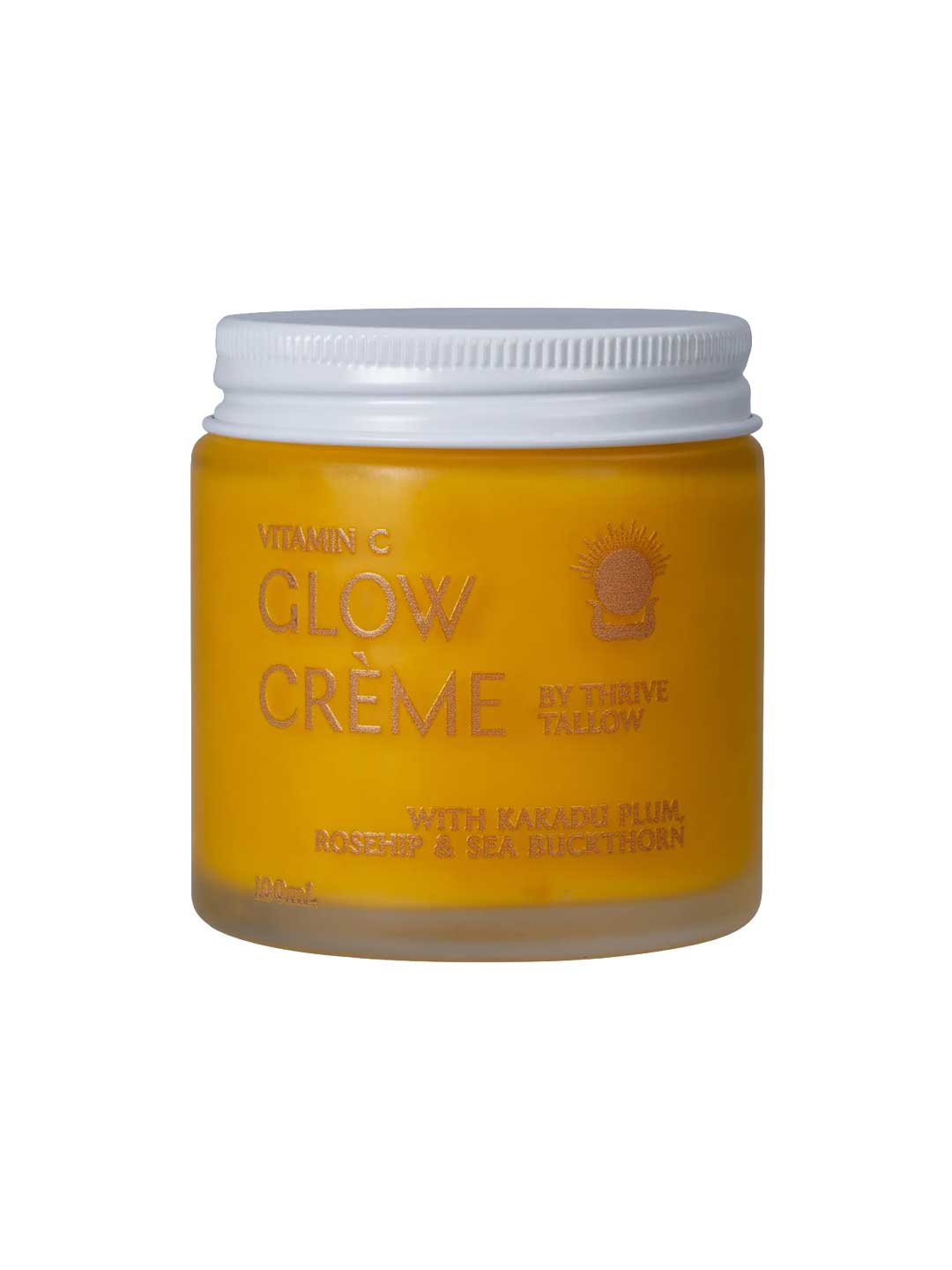 A 100ml jar of Thrive Tallow Vitamin C Glow Creme, a tallow moisturizer with yellow-orange cream in a frosted glass container, featuring Kakadu plum, rosehip, and sea buckthorn for radiant skin.