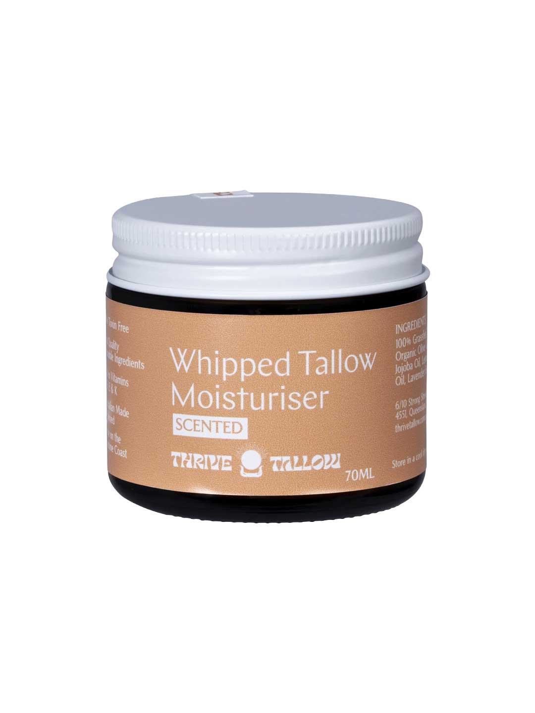 Thrive Tallow Whipped Tallow Moisturiser Scented 70ml features a white lid, brown ingredient label, and is made with grass-fed tallow—perfect for naturally nourishing your skin.