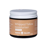 Thrive Tallow Whipped Tallow Moisturiser Scented 70ml features a white lid, brown ingredient label, and is made with grass-fed tallow—perfect for naturally nourishing your skin.