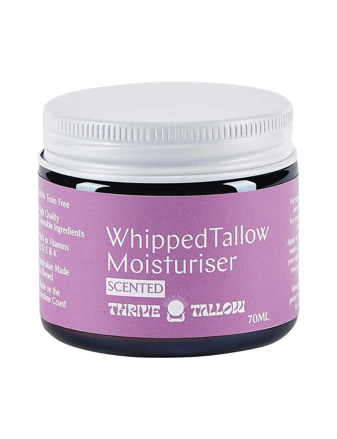 Thrive Tallow Whipped Tallow Moisturiser Ylang Ylang and Vanilla 70ml closed jar on a white background