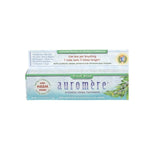 A box of Auromere Ayurvedic Fluoride Free Toothpaste - Fresh Mint 117g features green and white packaging with a neem branch illustration, highlighting herbal extracts and a concentrated ayurvedic formula.