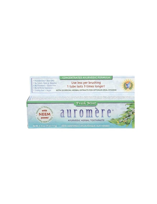 A box of Auromere Ayurvedic Fluoride Free Toothpaste - Fresh Mint 117g features green and white packaging with a neem branch illustration, highlighting herbal extracts and a concentrated ayurvedic formula.