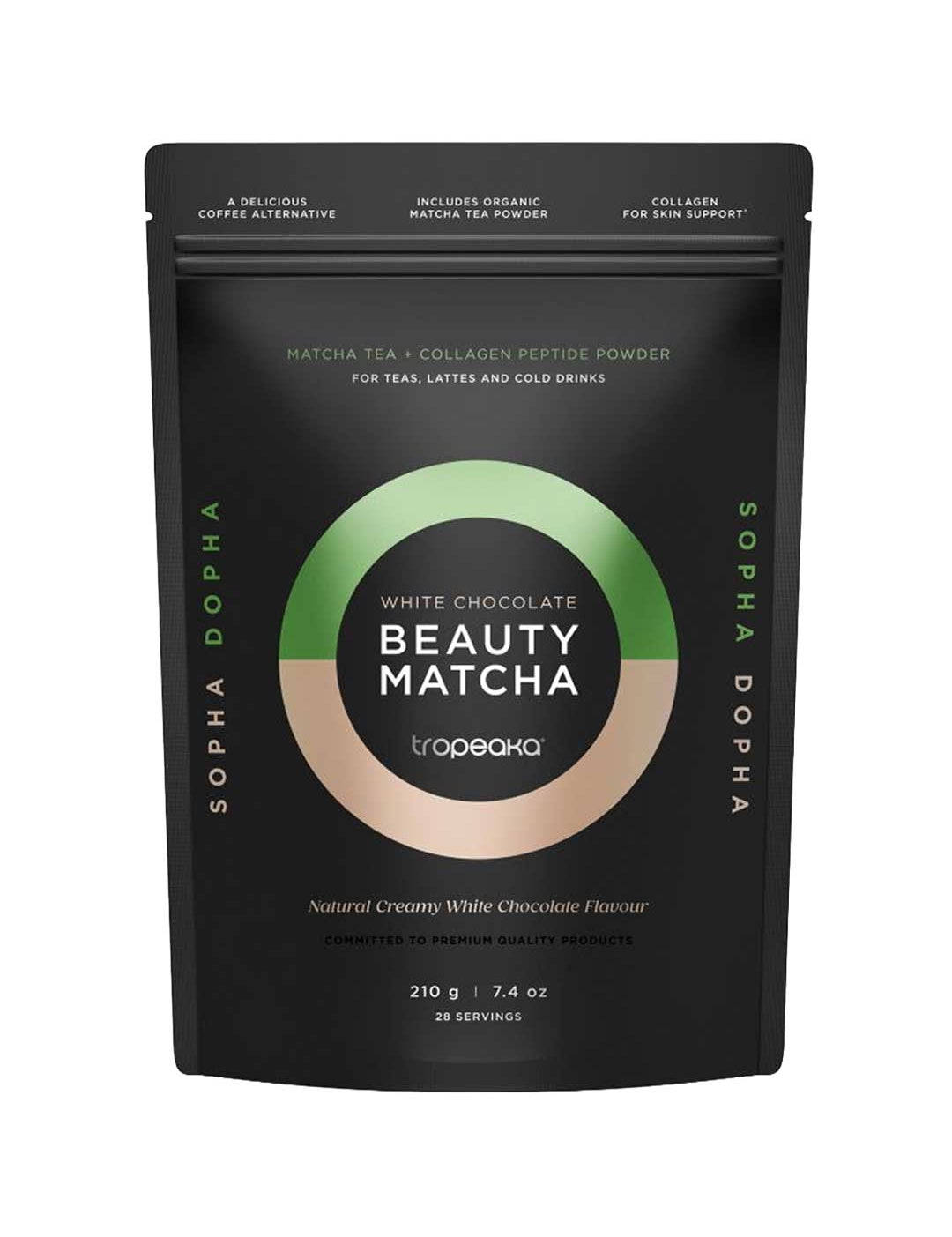 A black resealable pouch labeled Nutra Organics Tropeaka White Chocolate Beauty Matcha 210g, a matcha tea and collagen peptide powder for teas, lattes, and cold drinks with a highlighted white chocolate flavor.