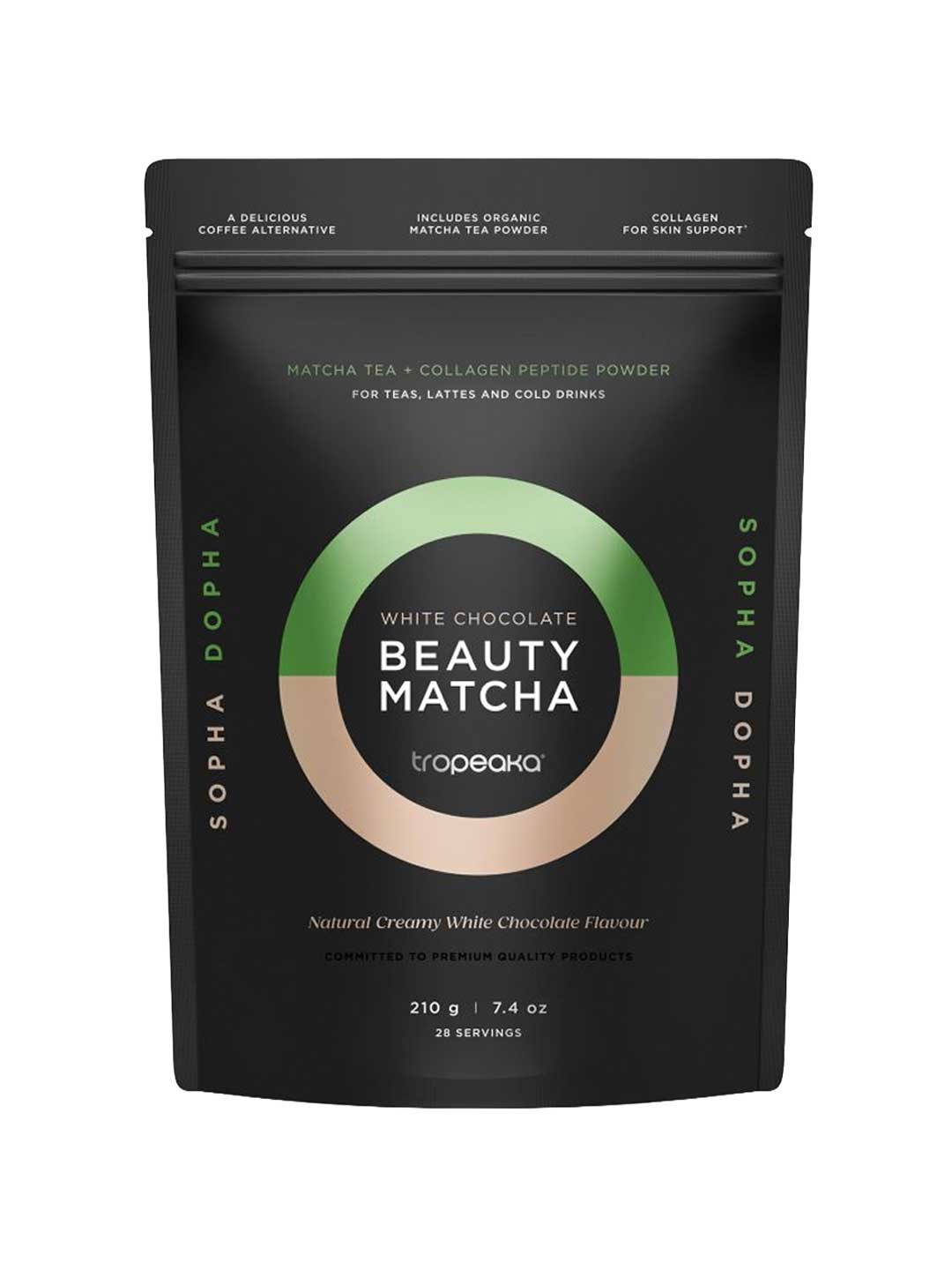 A black resealable pouch labeled Nutra Organics Tropeaka White Chocolate Beauty Matcha 210g, a matcha tea and collagen peptide powder for teas, lattes, and cold drinks with a highlighted white chocolate flavor.