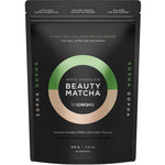 A black resealable pouch labeled Nutra Organics Tropeaka White Chocolate Beauty Matcha 210g, a matcha tea and collagen peptide powder for teas, lattes, and cold drinks with a highlighted white chocolate flavor.