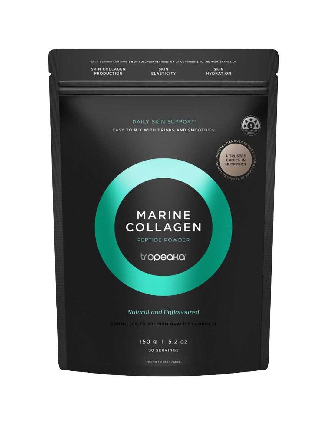A black resealable pouch of Tropeaka Marine Collagen Peptides 150g, natural and unflavoured, for daily skin support, features teal and silver accents and is recommended by nutritionists.