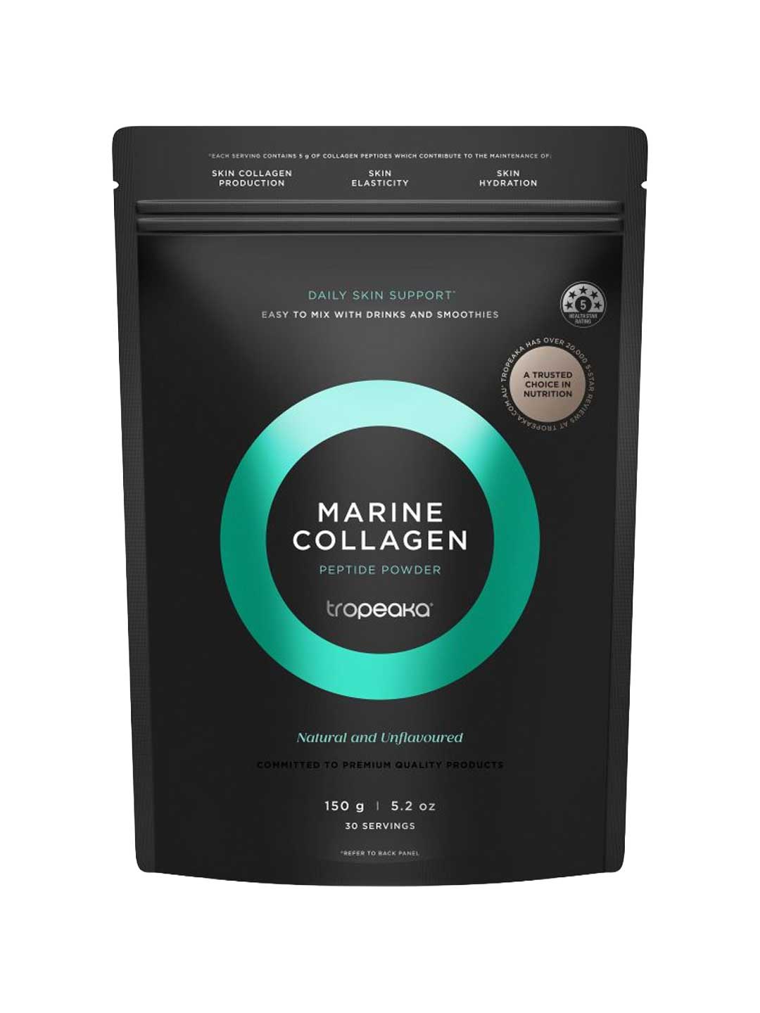 A black resealable pouch of Tropeaka Marine Collagen Peptides 150g, natural and unflavoured, for daily skin support, features teal and silver accents and is recommended by nutritionists.