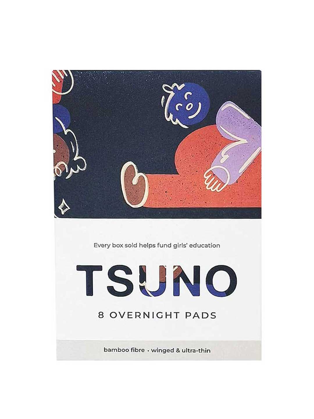 A box of Tsuno Natural Bamboo Pads Overnight Winged & Ultra Thin 8pk, made from bamboo fibre with vibrant dark-themed art. Every purchase supports girls’ education. Winged, ultra-thin design offers comfortable overnight protection.