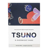 A box of Tsuno Natural Bamboo Pads Overnight Winged & Ultra Thin 8pk, made from bamboo fibre with vibrant dark-themed art. Every purchase supports girls’ education. Winged, ultra-thin design offers comfortable overnight protection.