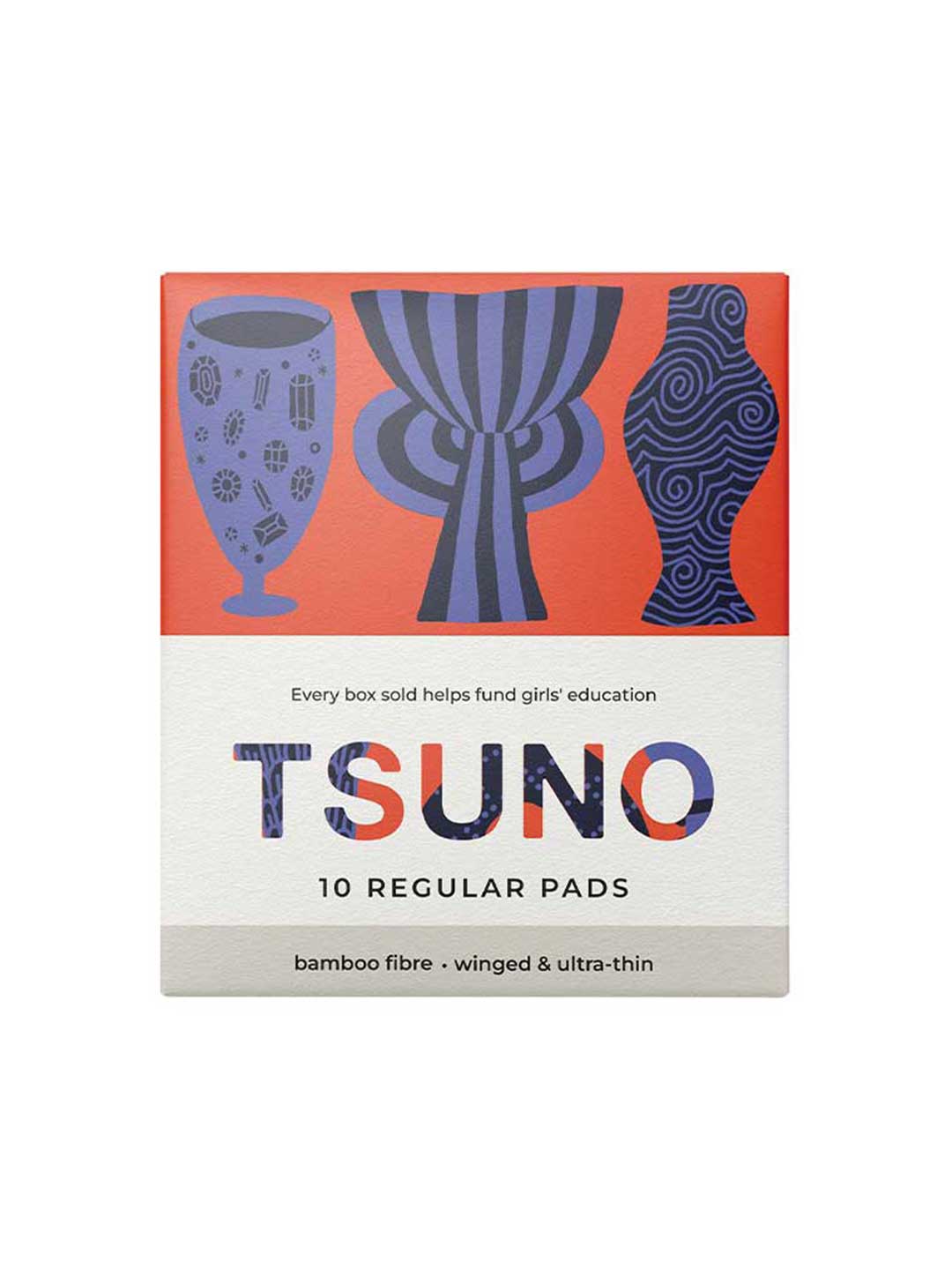 A box of Tsuno Natural Bamboo Pads Regular Winged & Ultra Thin 10pk features biodegradable pads with abstract blue vase designs on an orange background. Each purchase helps fund girls’ education.