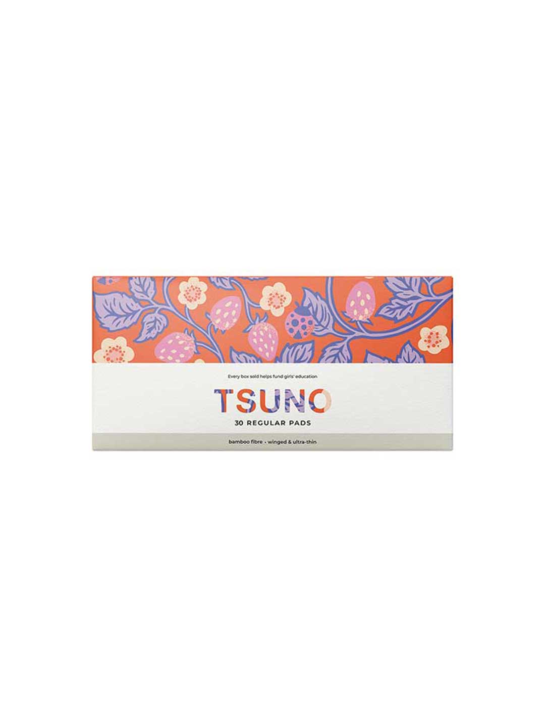 A 30-pack of Tsuno Natural Bamboo Pads Regular Winged & Ultra Thin, eco-friendly and biodegradable sanitary pads made from bamboo fiber, featuring a colorful design with pink berries and purple leaves on an orange background.