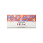 A 30-pack of Tsuno Natural Bamboo Pads Regular Winged & Ultra Thin, eco-friendly and biodegradable sanitary pads made from bamboo fiber, featuring a colorful design with pink berries and purple leaves on an orange background.