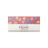 A 30-pack of Tsuno Natural Bamboo Pads Regular Winged & Ultra Thin, eco-friendly and biodegradable sanitary pads made from bamboo fiber, featuring a colorful design with pink berries and purple leaves on an orange background.