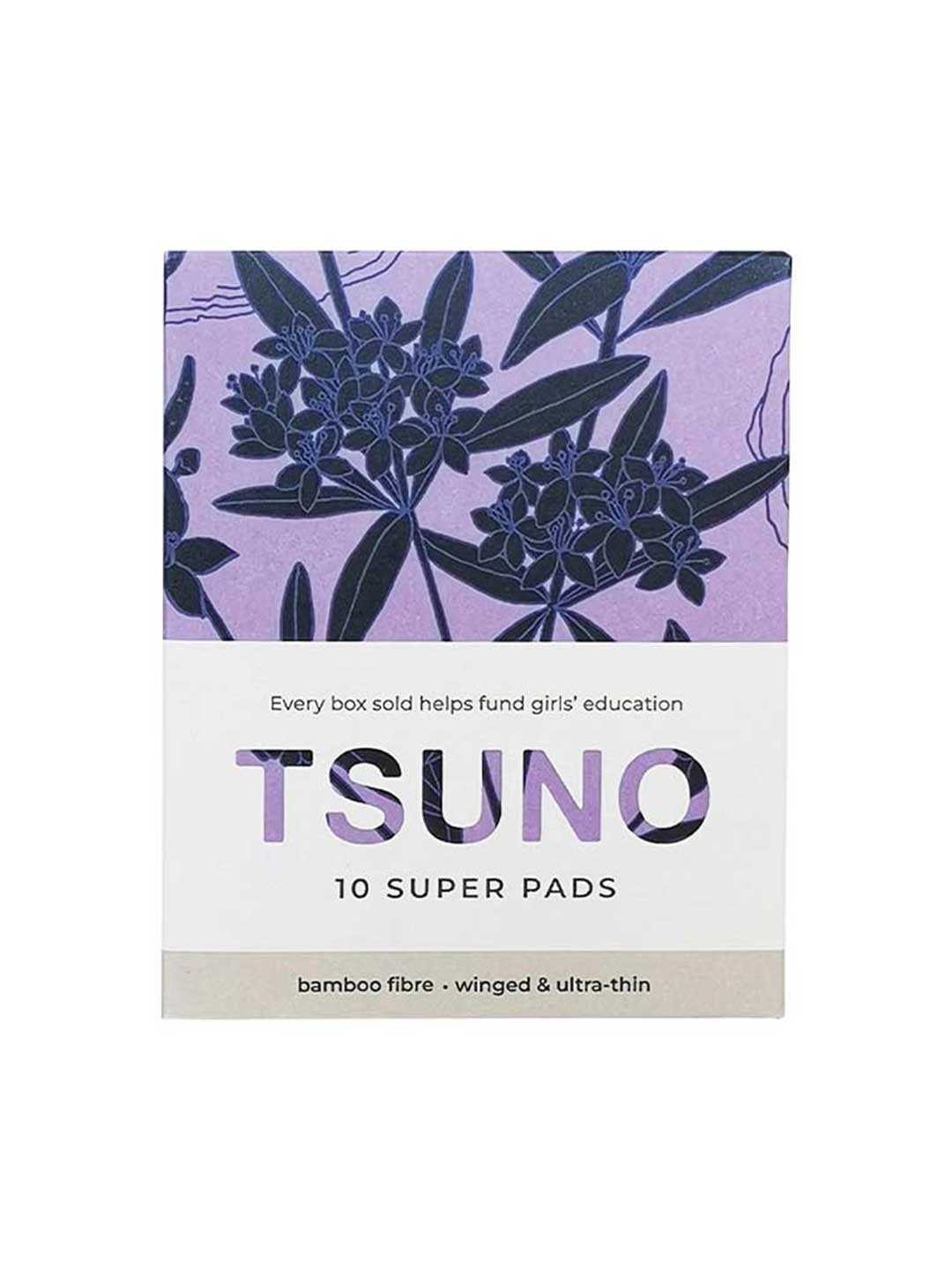 A box of Tsuno Natural Bamboo Pads Super Winged & Ultra Thin 10pk with a purple floral design; made from biodegradable bamboo fibre, winged for comfort, and each purchase supports girls’ education.