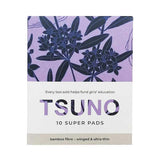 A box of Tsuno Natural Bamboo Pads Super Winged & Ultra Thin 10pk with a purple floral design; made from biodegradable bamboo fibre, winged for comfort, and each purchase supports girls’ education.