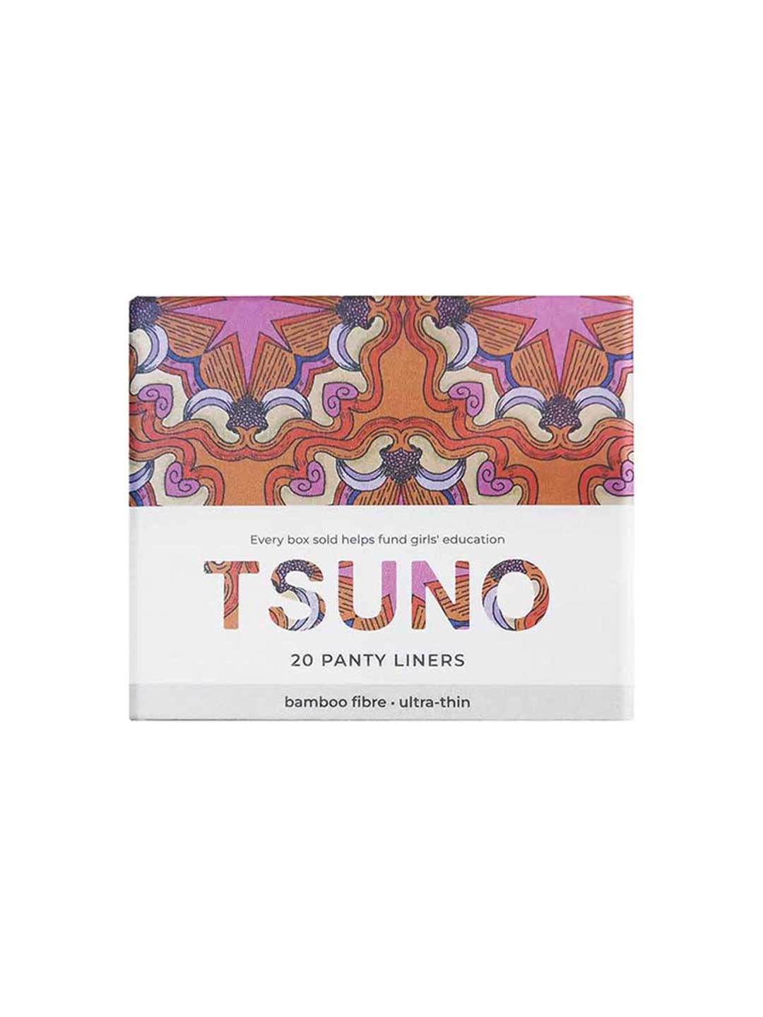 Tsuno Natural Bamboo Panty Liners Ultra Thin 20pk feature colorful designs and are made from biodegradable bamboo fibre. Each box sold helps support girls’ education.