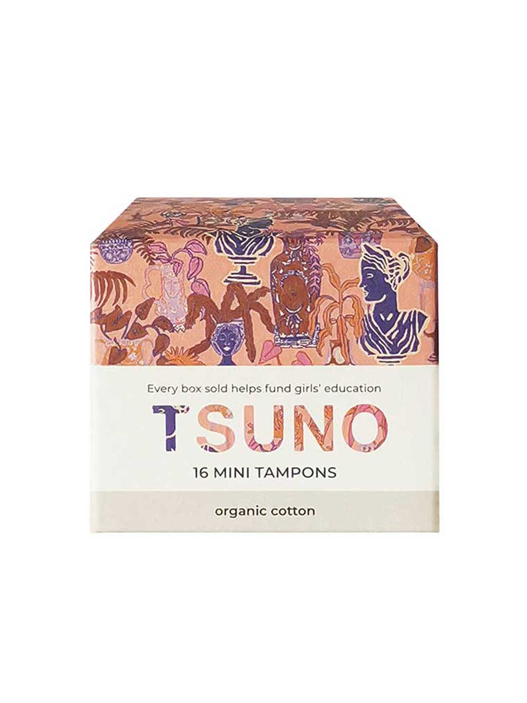 A box of Tsuno Organic Cotton Tampons Mini 16pk features chemical-free, organic cotton tampons. The bright packaging shows that each purchase supports girls' education.