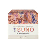 A box of Tsuno Organic Cotton Tampons Mini 16pk features chemical-free, organic cotton tampons. The bright packaging shows that each purchase supports girls' education.