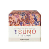 A box of Tsuno Organic Cotton Tampons Mini 16pk features chemical-free, organic cotton tampons. The bright packaging shows that each purchase supports girls' education.