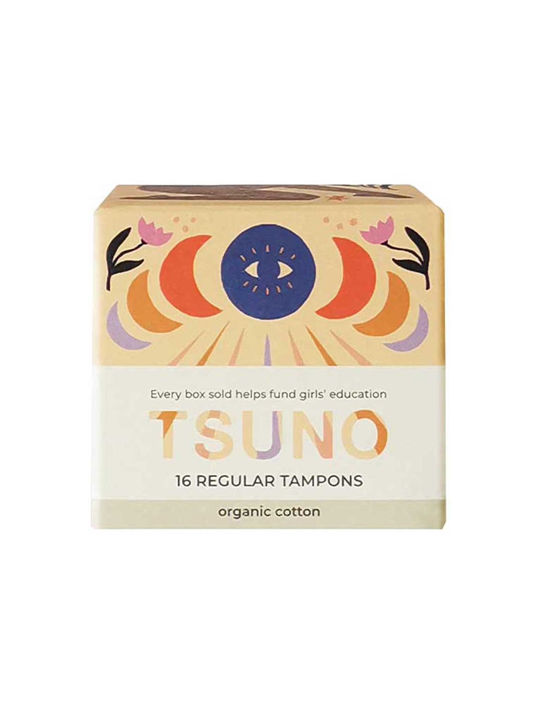 Tsuno Organic Cotton Tampons Regular 16pk features colorful abstract artwork and the message "Every box sold helps fund girls’ education," containing 16 regular, chemical-free tampons for medium flow.
