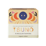 Tsuno Organic Cotton Tampons Regular 16pk features colorful abstract artwork and the message "Every box sold helps fund girls’ education," containing 16 regular, chemical-free tampons for medium flow.