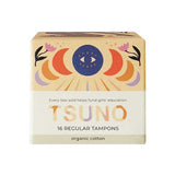 Tsuno Organic Cotton Tampons Regular 16pk features colorful abstract artwork and the message "Every box sold helps fund girls’ education," containing 16 regular, chemical-free tampons for medium flow.