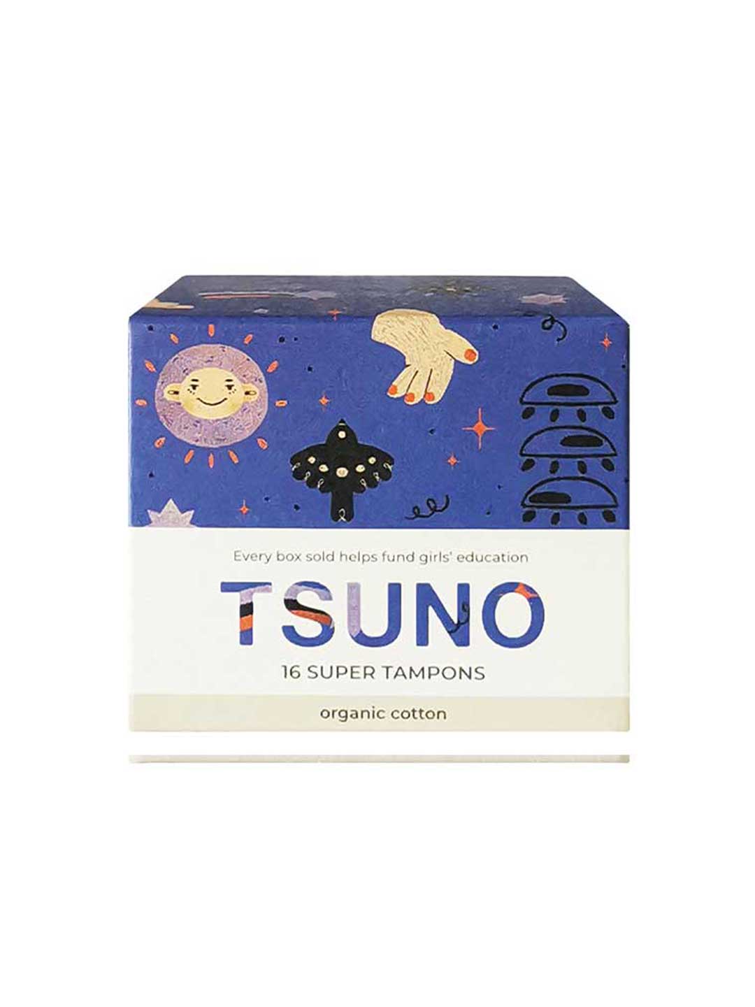 Tsuno Organic Cotton Tampons Super 16pk—GOTS certified organic cotton for heavy flow, with colorful sun, hand, and butterfly artwork on a purple box. Includes 16 super tampons; purchase supports girls’ education.