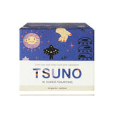 Tsuno Organic Cotton Tampons Super 16pk—GOTS certified organic cotton for heavy flow, with colorful sun, hand, and butterfly artwork on a purple box. Includes 16 super tampons; purchase supports girls’ education.