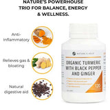 A bottle of Nature's Help Turmeric Capsules with Black Pepper & Ginger is shown, alongside turmeric, ginger, and black pepper images that highlight benefits like anti-inflammation, gas and bloating relief, and digestive support.