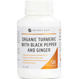 A white bottle labeled Nature's Help Turmeric Capsules with Black Pepper & Ginger, 120 count, features benefits such as arthritis relief, digestive support, pain relief, and anti-inflammatory effects.