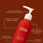 A red bottle of Tuttofare Not Your Regular Body Oil 200ml with a white pump stands against a brown background. White text notes the travel-safe lid, beef tallow hydration, citrus scent, non-greasy feel, rich fatty acids, and natural moisturizing power.