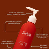 A red bottle of Tuttofare Not Your Regular Body Oil 200ml with a white pump stands against a brown background. White text notes the travel-safe lid, beef tallow hydration, citrus scent, non-greasy feel, rich fatty acids, and natural moisturizing power.