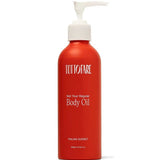 A red bottle of Tuttofare Not Your Regular Body Oil 200ml with a white pump dispenser; the label reads "Italian Sunset" and describes it as a nourishing natural moisturizer, containing 6.7 fl oz.