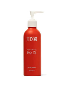 A red bottle of Tuttofare Not Your Regular Body Oil 200ml with a white pump dispenser; the label reads "Italian Sunset" and describes it as a nourishing natural moisturizer, containing 6.7 fl oz.