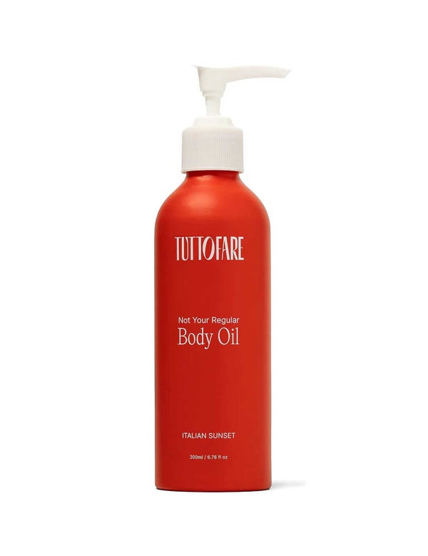 A red bottle of Tuttofare Not Your Regular Body Oil 200ml with a white pump dispenser; the label reads "Italian Sunset" and describes it as a nourishing natural moisturizer, containing 6.7 fl oz.
