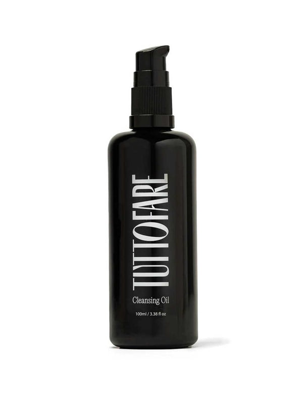The Tuttofare Cleansing Oil comes in a sleek black bottle with a matching pump, ideal for dispensing this gentle cleansing oil or your favorite natural oil cleanser.
