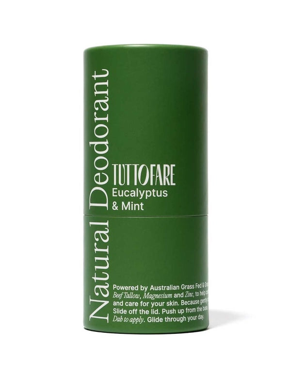 Tall green cylindrical tube of Tuttofare Natural Deodorant with white lettering and Eucalyptus & Mint printed on the front.