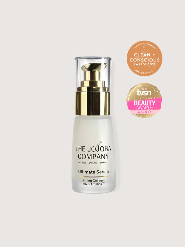 The Jojoba Company Ultimate Serum 30ml frosted glass bottle with gold pump