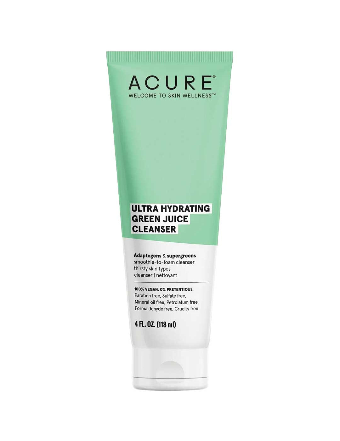 A green and white tube of Acure Ultra Hydrating Green Juice Cleanser 118ml, a vegan superfood cleanser free from parabens, sulfates, mineral oil, petrolatum, formaldehyde, and cruelty.