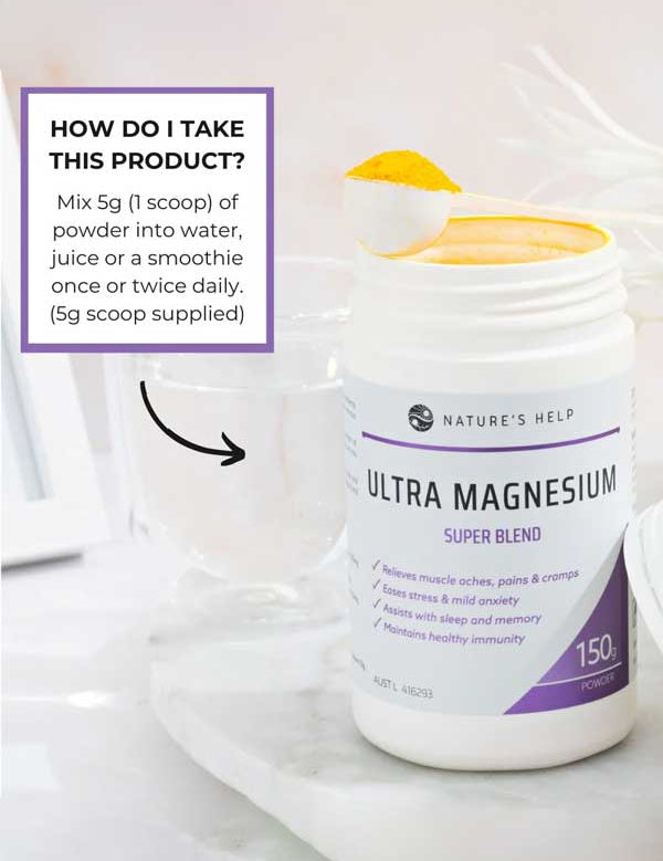 A container of Nature's Help Ultra Magnesium Supplement, a premium magnesium powder for energy and muscle relaxation, is displayed beside a clear glass cup. A white scoop with yellow powder rests on the container with mixing instructions.